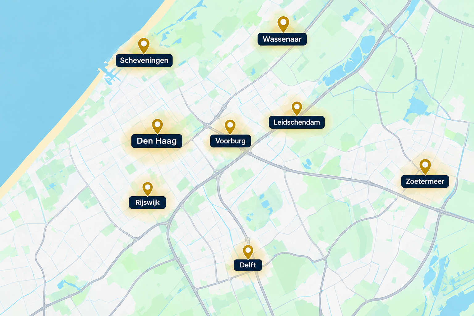 Kaart van het ophaalgebied van Future Taxi rond Den Haag